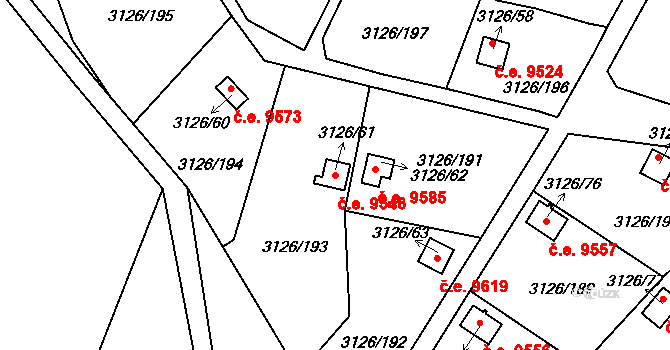Děčín VI-Letná 9546, Děčín na parcele st. 3126/61 v KÚ Podmokly, Katastrální mapa