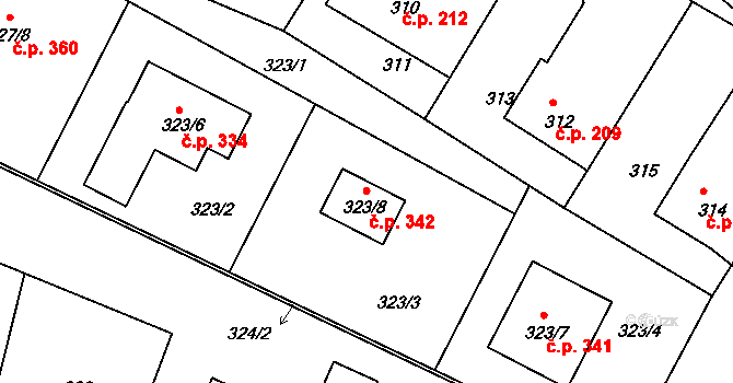 Lípa 342 na parcele st. 323/8 v KÚ Lípa nad Dřevnicí, Katastrální mapa