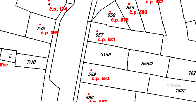 Milevsko 579 na parcele st. 558/1 v KÚ Milevsko, Katastrální mapa