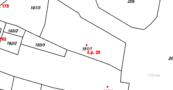 Česká Bříza 20 na parcele st. 191/1 v KÚ Česká Bříza, Katastrální mapa