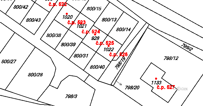 Hanušovice 526 na parcele st. 1022 v KÚ Hanušovice, Katastrální mapa