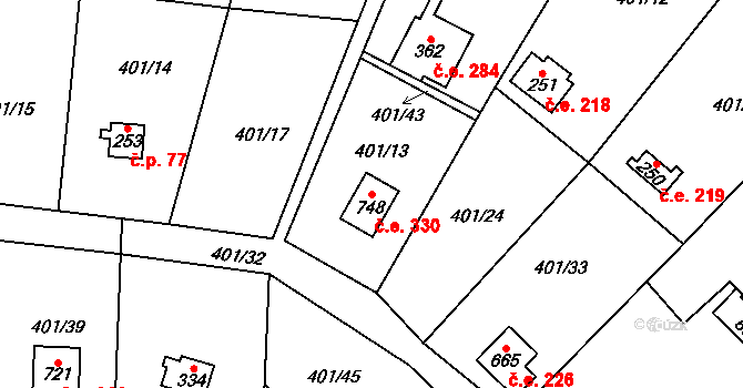 Čisovice 330 na parcele st. 748 v KÚ Čisovice, Katastrální mapa