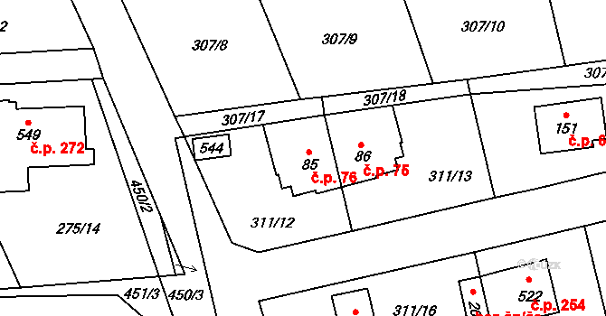 Jíloviště 76 na parcele st. 85 v KÚ Jíloviště, Katastrální mapa
