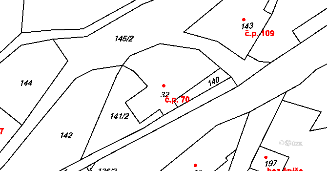 Suchý Důl 70 na parcele st. 32 v KÚ Suchý Důl, Katastrální mapa