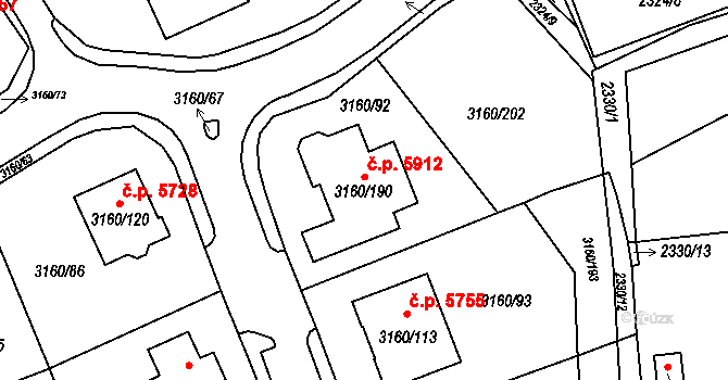 Chomutov 5912 na parcele st. 3160/190 v KÚ Chomutov II, Katastrální mapa