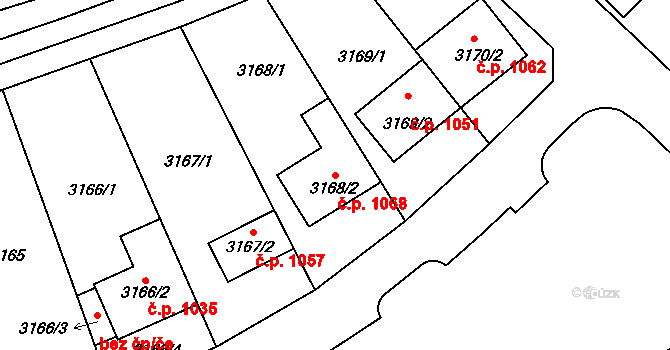 Lužice 1068 na parcele st. 3168/2 v KÚ Lužice u Hodonína, Katastrální mapa
