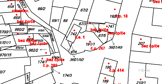 Brumovice 267 na parcele st. 191/1 v KÚ Brumovice, Katastrální mapa