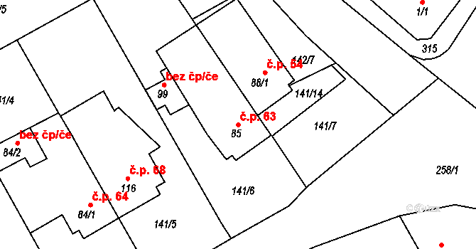Hrdibořice 63 na parcele st. 85 v KÚ Hrdibořice, Katastrální mapa