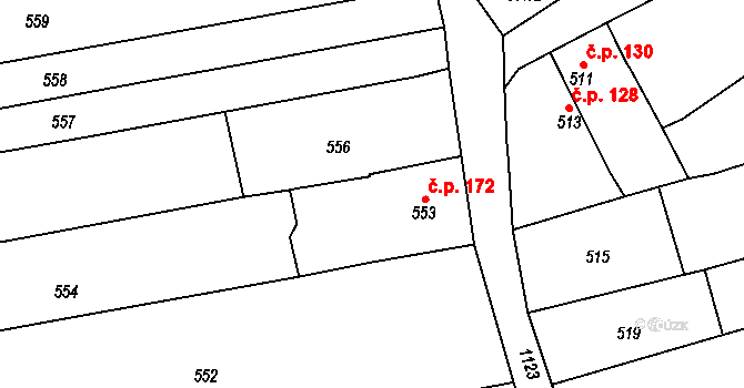 Uhřičice 172 na parcele st. 553 v KÚ Uhřičice, Katastrální mapa