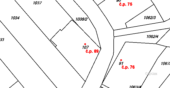 Horušice 89 na parcele st. 107 v KÚ Horušice, Katastrální mapa