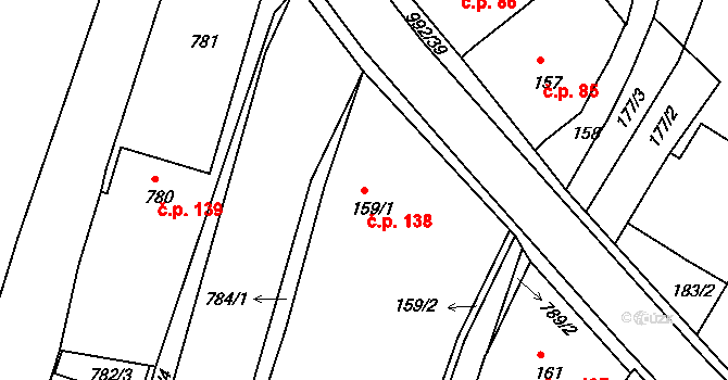 Srubec 138 na parcele st. 159/1 v KÚ Srubec, Katastrální mapa