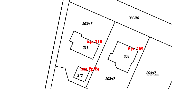 Kořenec 216 na parcele st. 311 v KÚ Kořenec, Katastrální mapa