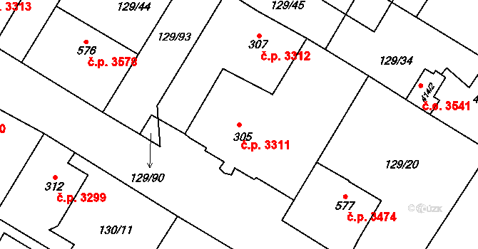 Jihlava 3311 na parcele st. 305 v KÚ Bedřichov u Jihlavy, Katastrální mapa