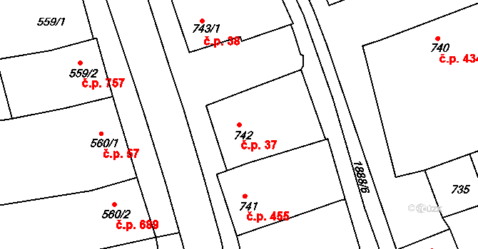 Šardice 37 na parcele st. 742 v KÚ Šardice, Katastrální mapa