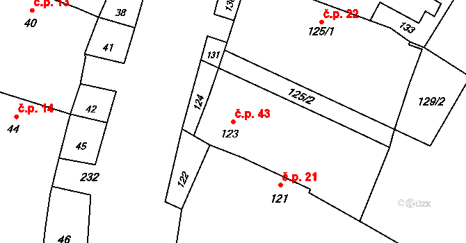 Lazce 43, Troubelice na parcele st. 123 v KÚ Lazce u Troubelic, Katastrální mapa
