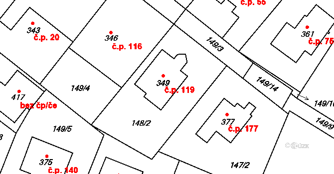 Smidary 119 na parcele st. 349 v KÚ Smidary, Katastrální mapa