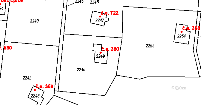Brná 360, Ústí nad Labem na parcele st. 2249 v KÚ Brná nad Labem, Katastrální mapa