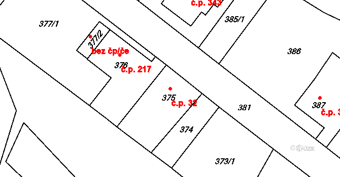 Pudlov 32, Bohumín na parcele st. 375 v KÚ Pudlov, Katastrální mapa