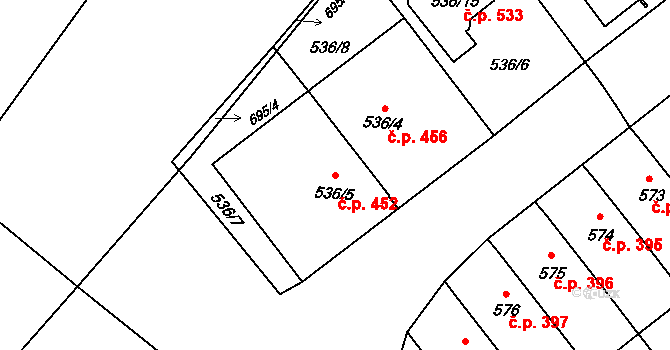 Jarošov 452, Uherské Hradiště na parcele st. 536/5 v KÚ Jarošov u Uherského Hradiště, Katastrální mapa