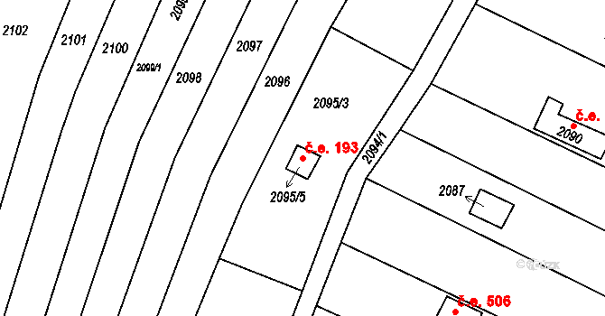 Obřany 193, Brno na parcele st. 2095/5 v KÚ Obřany, Katastrální mapa