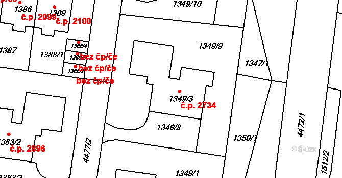 Teplice 2734 na parcele st. 1349/3 v KÚ Teplice, Katastrální mapa