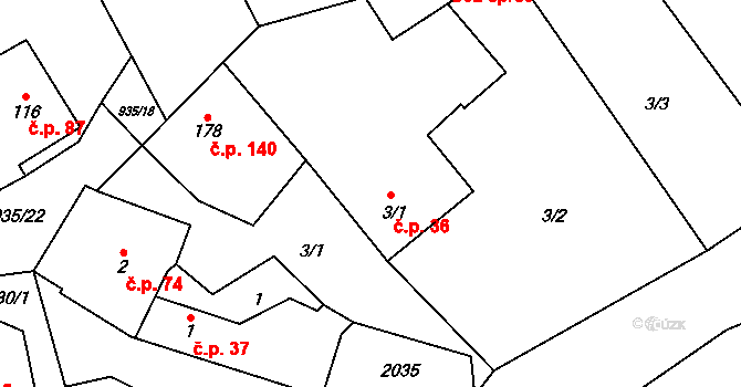 Kunovice 36 na parcele st. 3/1 v KÚ Kunovice, Katastrální mapa