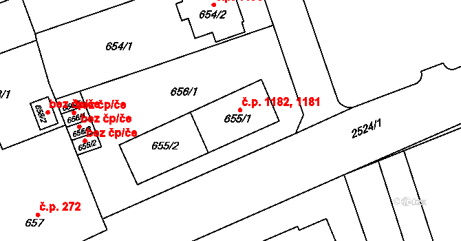 Radotín 1181,1182, Praha na parcele st. 655/1 v KÚ Radotín, Katastrální mapa