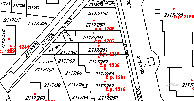 Chodov 1219, Praha na parcele st. 2117/261 v KÚ Chodov, Katastrální mapa
