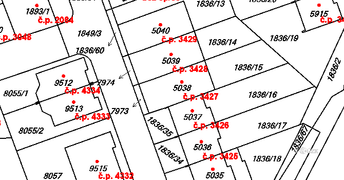 Hodonín 3427 na parcele st. 5038 v KÚ Hodonín, Katastrální mapa