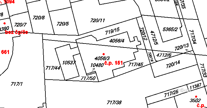 Bílé Předměstí 151, Pardubice na parcele st. 4056/3 v KÚ Pardubice, Katastrální mapa