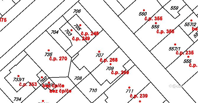 Doubravka 268, Plzeň na parcele st. 707 v KÚ Doubravka, Katastrální mapa