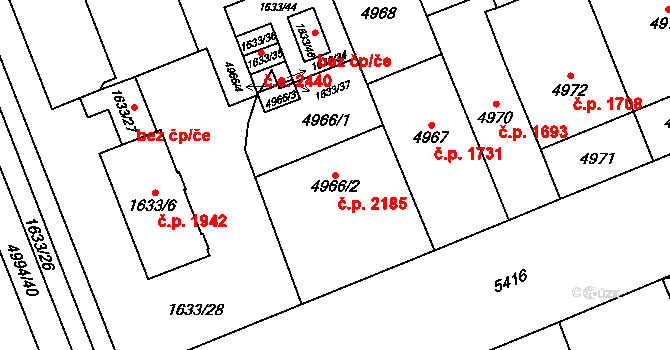 Východní Předměstí 2185, Plzeň na parcele st. 4966/2 v KÚ Plzeň, Katastrální mapa