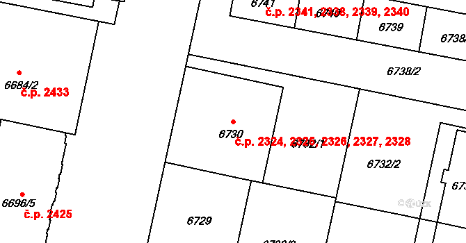 Jižní Předměstí 2324,2325,2326,2327,, Plzeň na parcele st. 6730 v KÚ Plzeň, Katastrální mapa