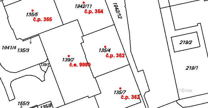 Vysočany 362, Praha na parcele st. 135/4 v KÚ Vysočany, Katastrální mapa