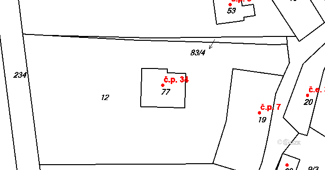 Kamenná 34, Milín na parcele st. 77 v KÚ Kamenná u Příbramě, Katastrální mapa