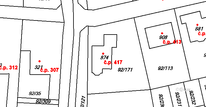 Nučice 417 na parcele st. 874 v KÚ Nučice u Rudné, Katastrální mapa