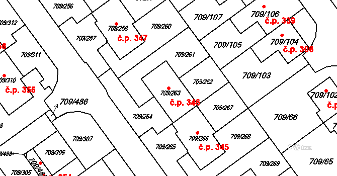 Popůvky 346 na parcele st. 709/263 v KÚ Popůvky u Brna, Katastrální mapa