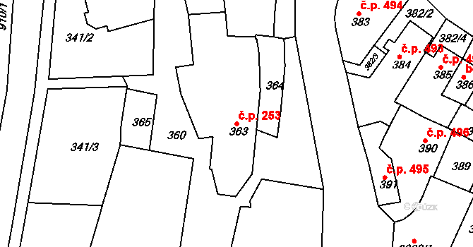 Jemnice 253 na parcele st. 363 v KÚ Jemnice, Katastrální mapa