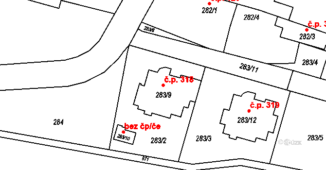 Otice 318 na parcele st. 283/9 v KÚ Otice, Katastrální mapa