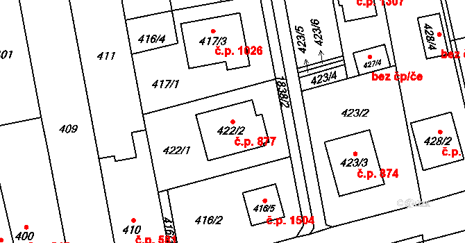 Kylešovice 877, Opava na parcele st. 422/2 v KÚ Kylešovice, Katastrální mapa