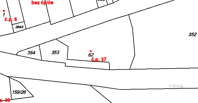 Sedlec 37, Žebrák na parcele st. 62 v KÚ Sedlec u Žebráku, Katastrální mapa