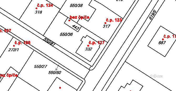 Kvíc 127, Slaný na parcele st. 332 v KÚ Kvíc, Katastrální mapa