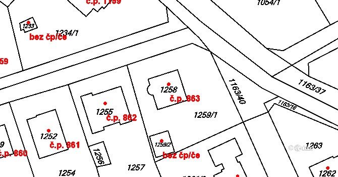 Černošice 863 na parcele st. 1258 v KÚ Černošice, Katastrální mapa