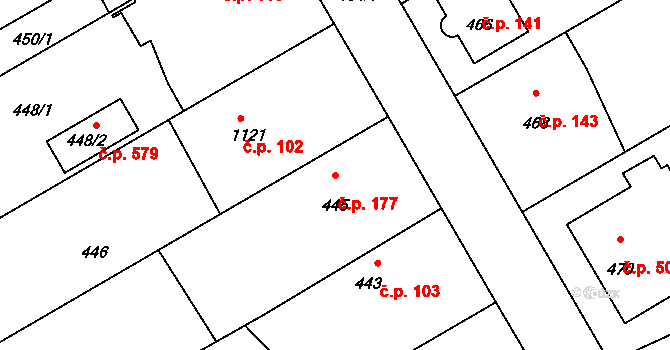 Průhonice 177 na parcele st. 445 v KÚ Průhonice, Katastrální mapa