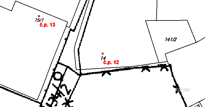 Blatec 12, Hodětín na parcele st. 14 v KÚ Blatec u Hodětína, Katastrální mapa