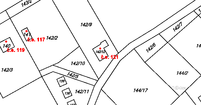 Dojetřice 121, Sázava na parcele st. 142/12 v KÚ Dojetřice, Katastrální mapa