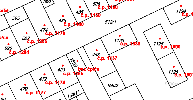 Nový Jičín 1137 na parcele st. 458 v KÚ Nový Jičín-Dolní Předměstí, Katastrální mapa