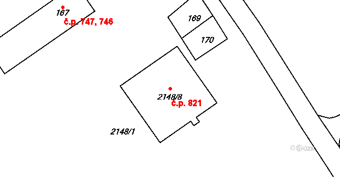 Dobruška 821 na parcele st. 2148/8 v KÚ Dobruška, Katastrální mapa