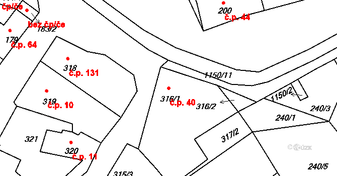 Štěnovice 40 na parcele st. 316/1 v KÚ Štěnovice, Katastrální mapa