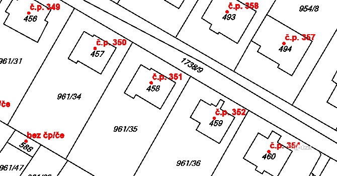 Jevišovice 351 na parcele st. 458 v KÚ Jevišovice, Katastrální mapa